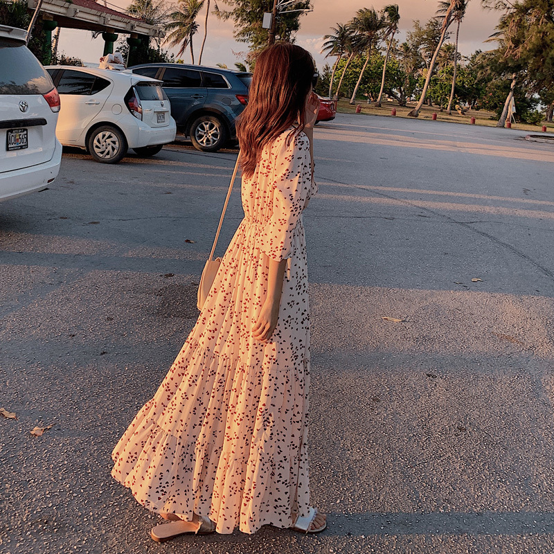 2023 New Summer Dress for Women, Waist-Cinching, Slimming, Elegant, Ankle-Length, V-Neck, Chiffon, Flared Long Dress, Floral Dress