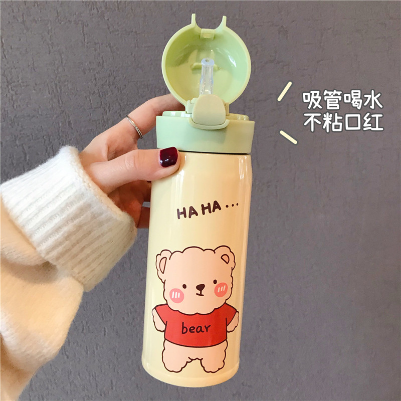 ins cute cartoon bear adult straw water mug girl heart student insulated cup Korean version inclined satchel cover super cute