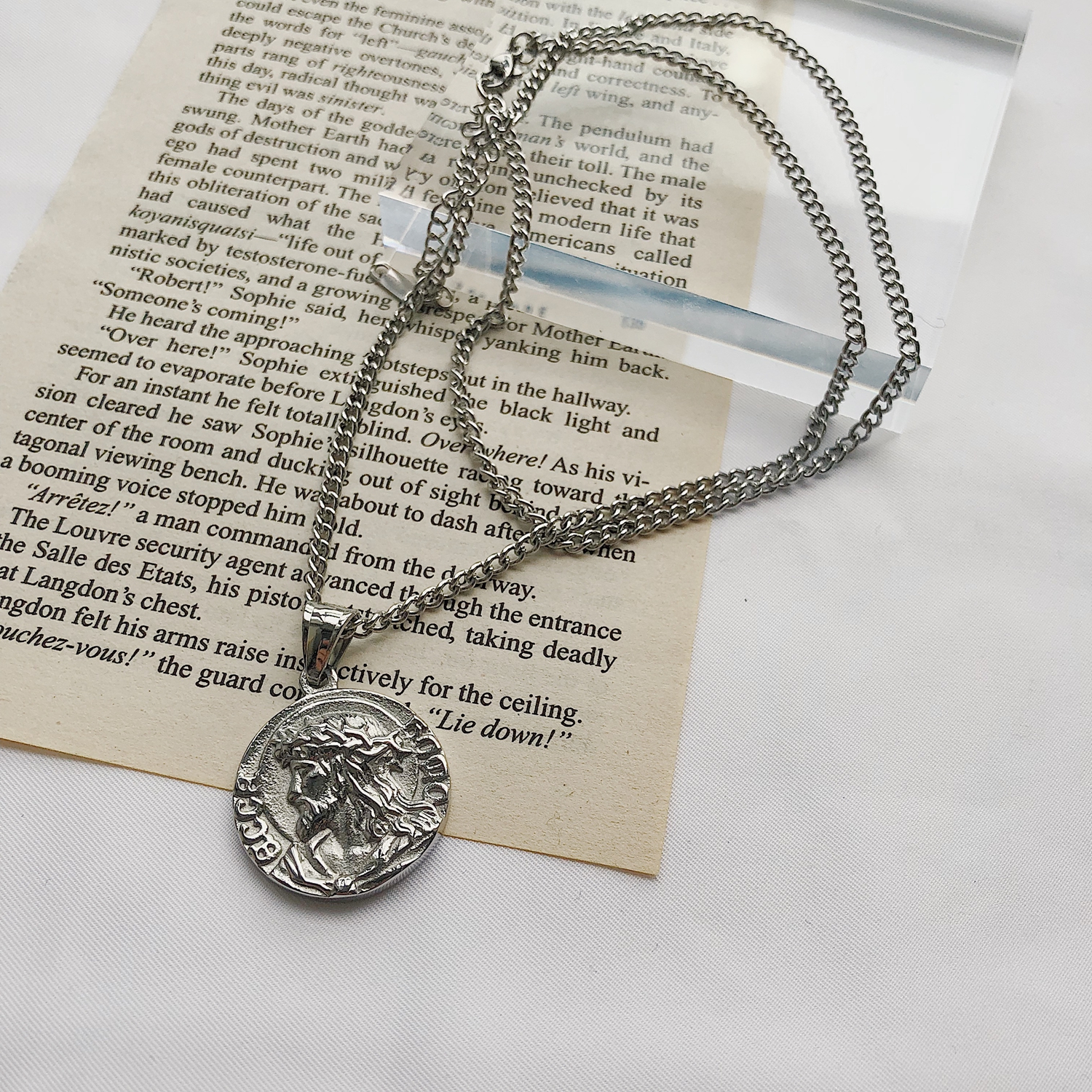 Korean pendant men's necklace European and American ins trend silver lucky coin head metal pendant men's matching accessories