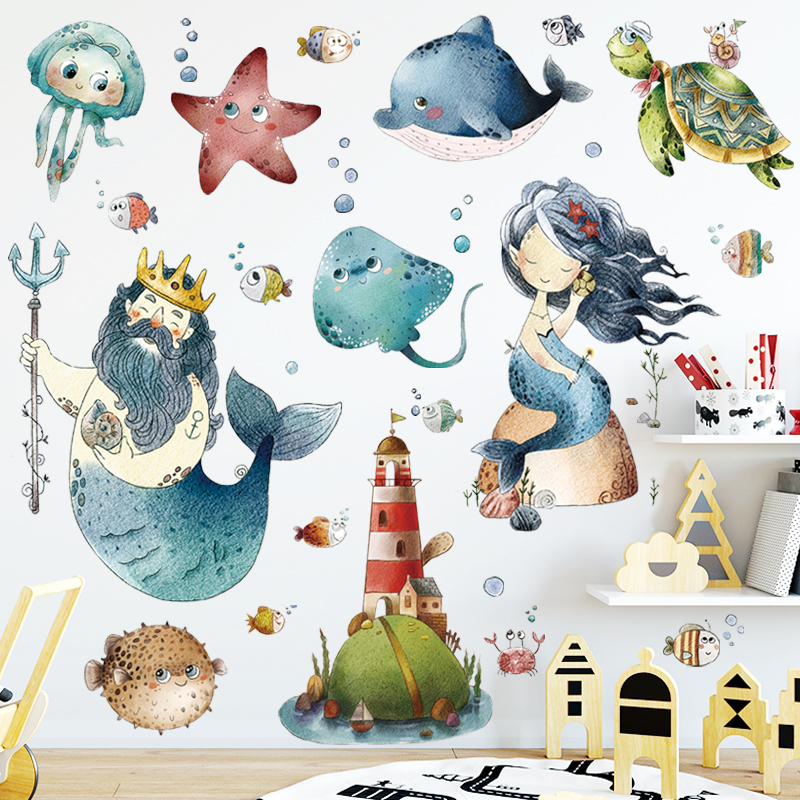 Removable Wall Stickup Cute Cartoon Marine Beauty Man Fish Bathroom Makeup Room Children's Room Kindergarten Animal Stickers