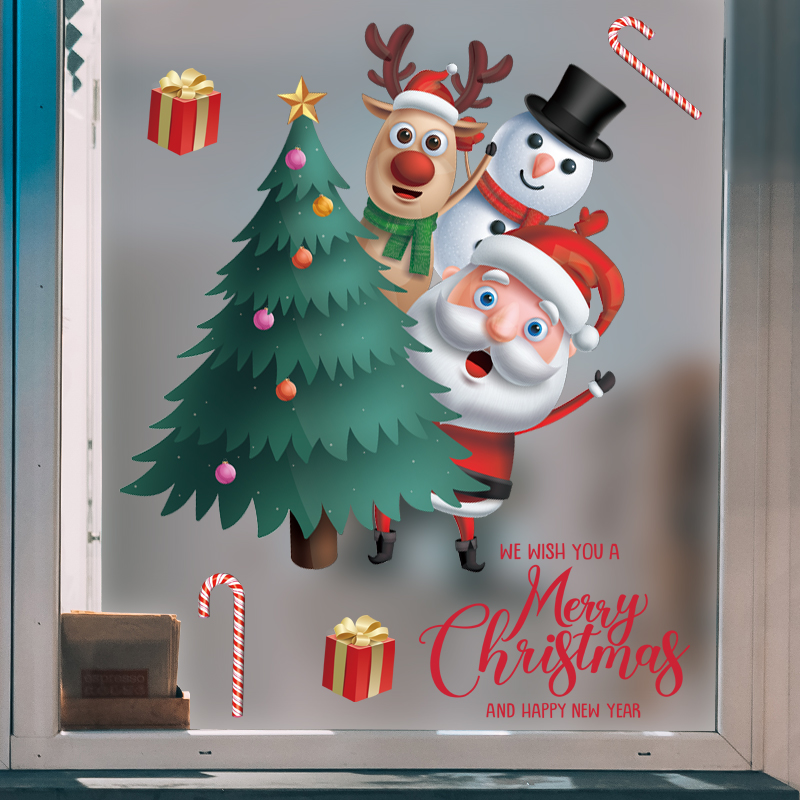 Christmas wall stickers waterproof double-sided glass storefront mall festive atmosphere placement with floral storefront shop window children