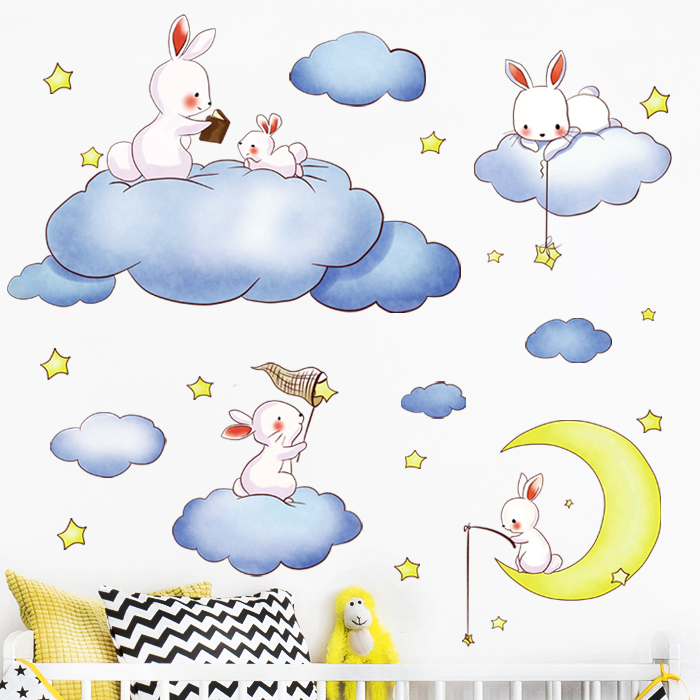 Wall stickers Rabbit sky clouds moon stars baby cartoon children kindergarten classroom early education center decoration stickers