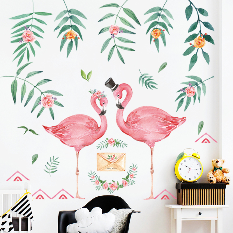 Wall stickers flamingo couple Nordic leaf plants living room bedroom porch corridor wallpaper waterproof decorative painting stickers