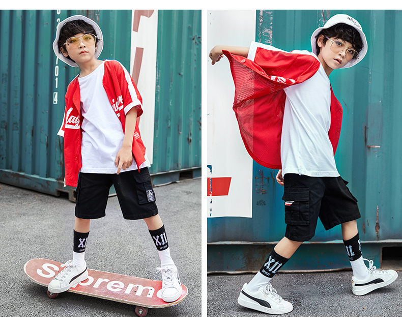 Trẻ em nhảy đường phố phù hợp với bé trai hip hop lỏng lẻo trẻ em hiphop trang phục hip-hop phiên bản Hàn Quốc của mùa hè thủy triều quần thể dục trẻ em