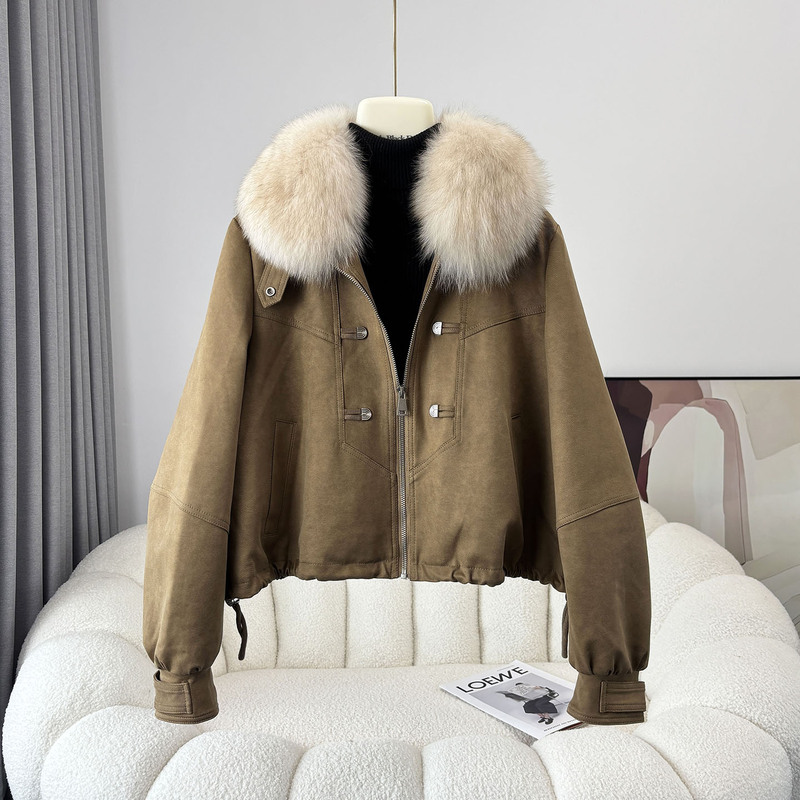 Whole Leather Fox Fur Collar down Jacket for Women 2026 Autumn and Winter New Fashion Loose Goose down Coat Short Style Whole Leather Fox Fur Collar down Jacket for Women 2026 Autumn and Winter New Fashion Loose Goose down Coat Short Style