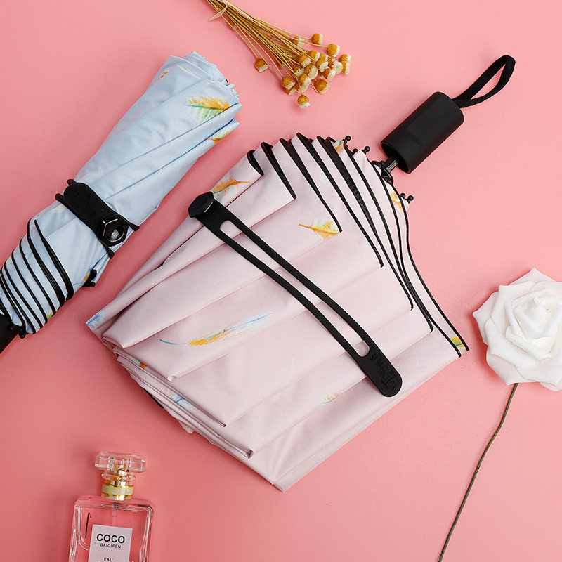 Umbrellas Folding Women Sunny and rain Dual use Korea Xiaoqing New shading umbrella student Three-fold manual black rubber sunscreen parasol