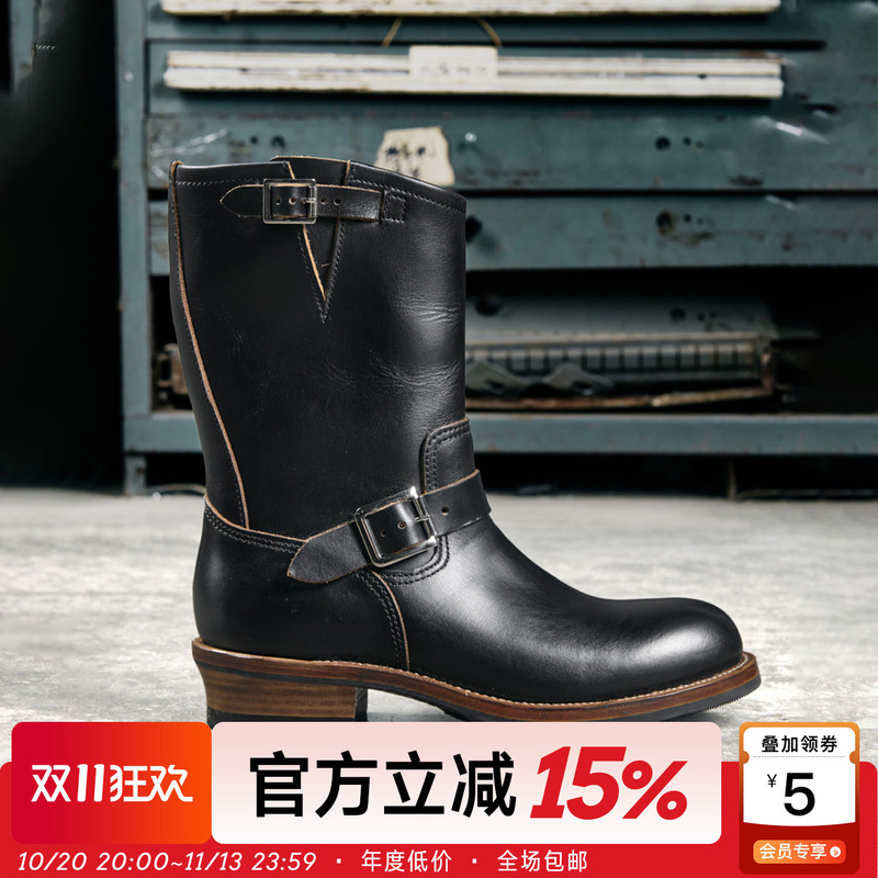 Vintage Italian V-Soled American-Style Motorcycle High Boots Made of First-Layer Cowhide Leather with Tea Core for Engineers