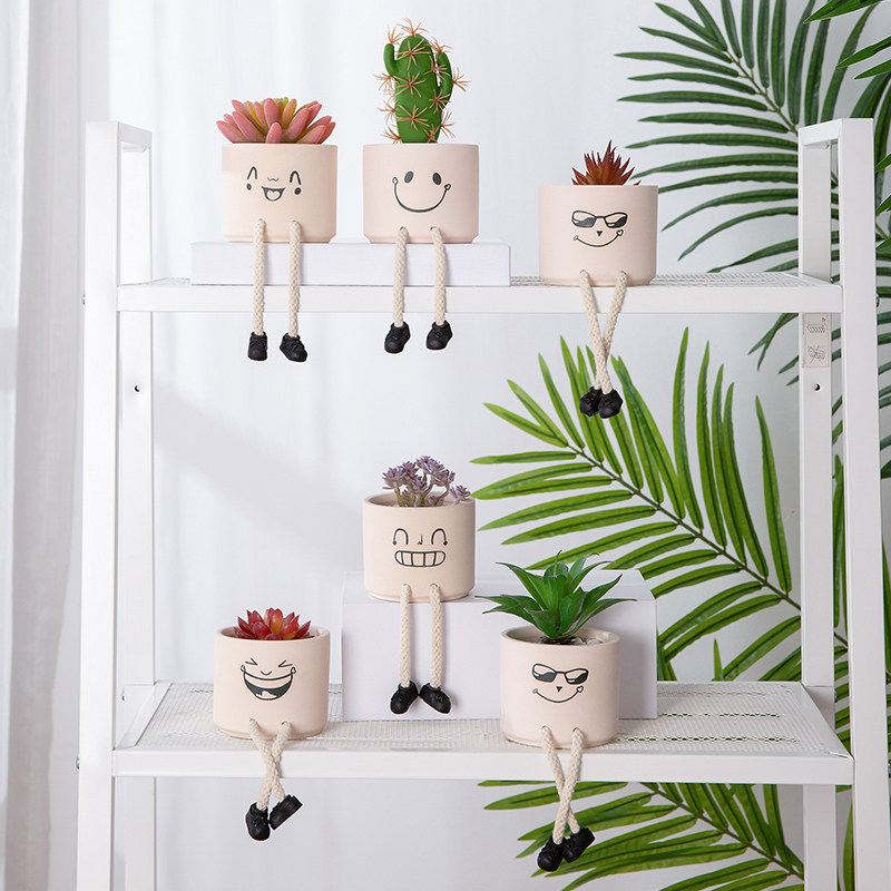 ins hanging foot doll expression potted simulation succulent cactus plant decoration desktop creative home decoration