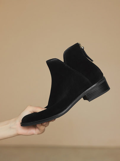 棕色翻毛皮短靴女2025新款春秋单靴中跟踝靴磨砂裸靴加绒41大码43