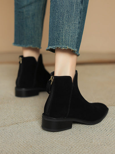 棕色翻毛皮短靴女2025新款春秋单靴中跟踝靴磨砂裸靴加绒41大码43