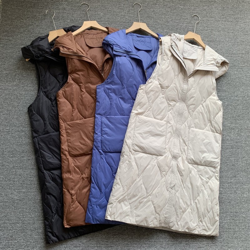 Lightweight down Vest for Women in Autumn and Winter, Loose Fit for Commuting, Simple and Stylish, Hooded Long Over-The-Knee down Jacket Vest