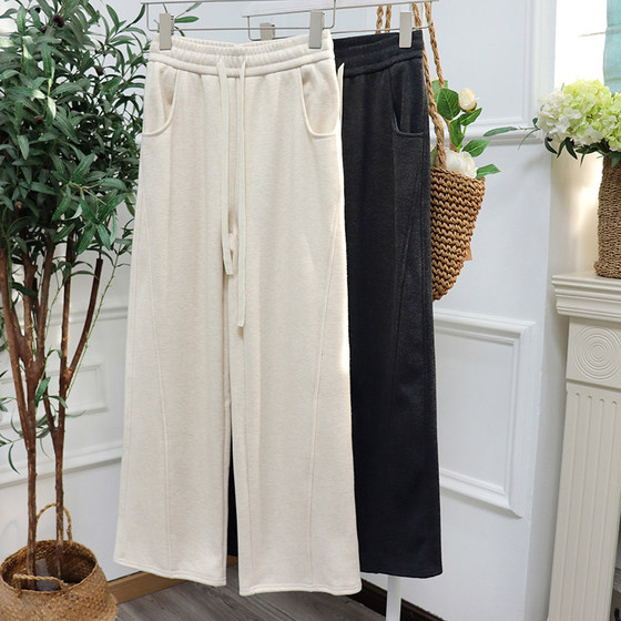 Free Shipping, 2 Colors for Personal Use, Autumn and Winter Thickened Fleece-Lined Herringbone Acetate Wide-Leg Pants 782