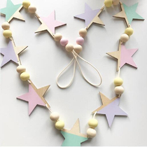 ins wood splicing color star hanging decoration baby room DIY decorative string bead childrens clothing store children photography hanging curtain wall decoration