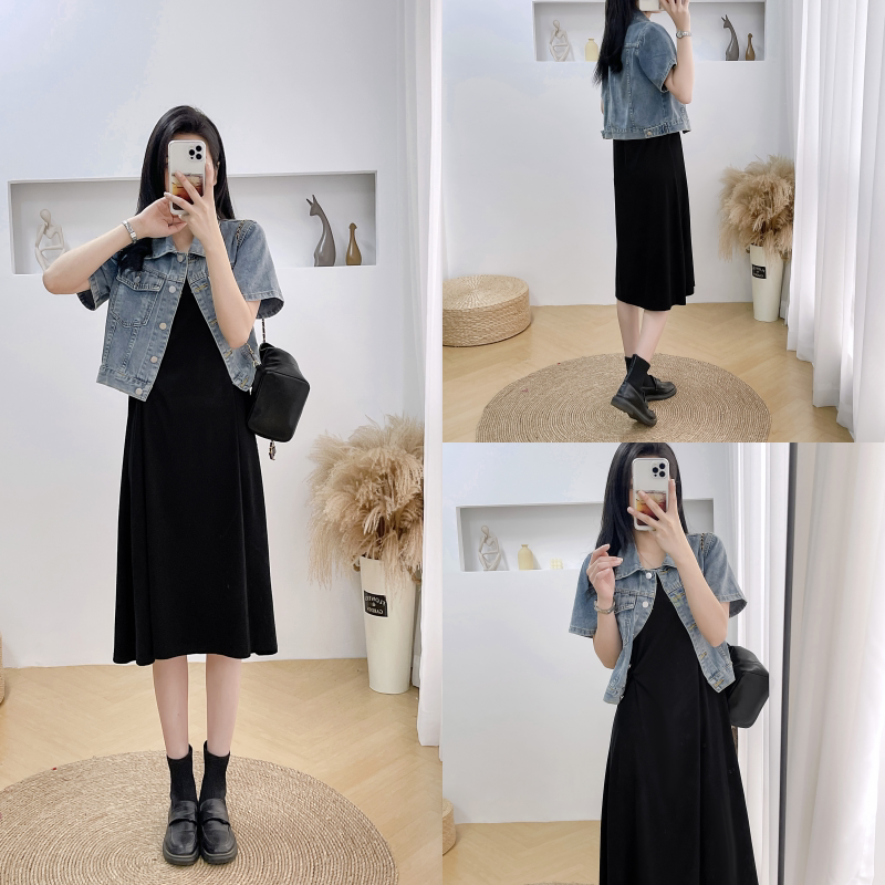 New Spring and Summer Denim Short Jacket Paired with a Black Twisted Loose-Fitting Slimming Mid-Length Tank Dress Set
