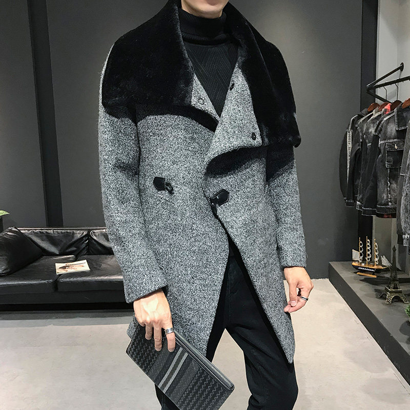 秋冬修身毛呢大衣男式韩版休闲大毛领中长款呢子风衣
