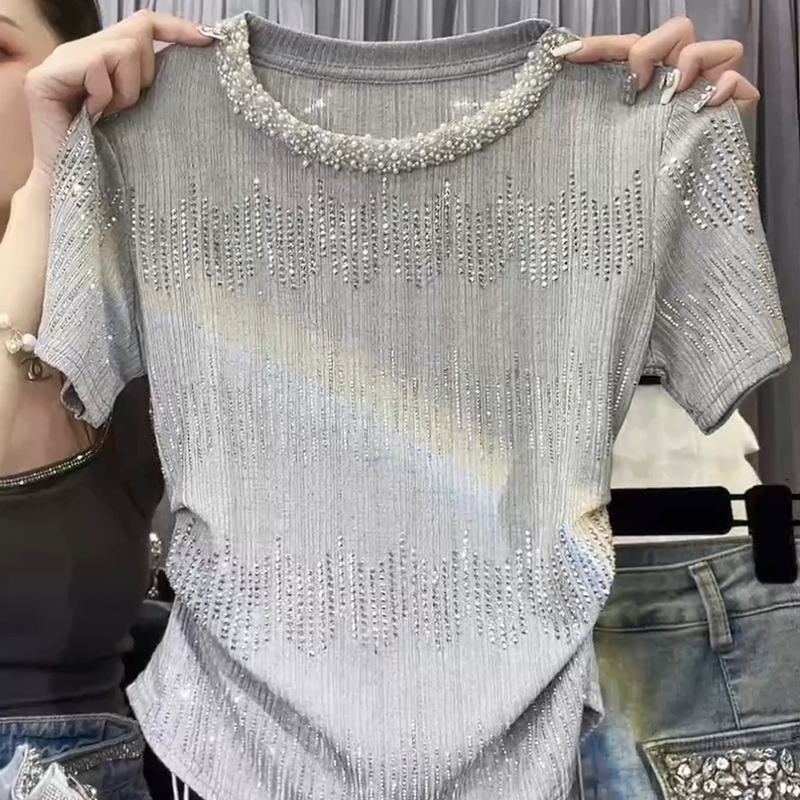 Sweet and Spicy Style Heavy Embellishment with Rhinestones and Beads, Round Neck Short-Sleeve T-Shirt for Women, 2026 New Slim-Fit, Flattering, and Unique Top Sweet and Spicy Style Heavy Embellishment with Rhinestones and Beads, Round Neck Short-Sleeve T-Shirt for Women, 2026 New Slim-Fit, Flattering, and Unique Top