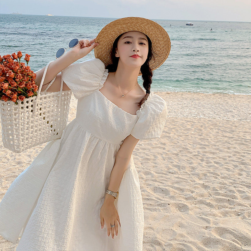 2022 NEW FIRST LOVE WHITE DRESS Dress Woman Summer Small Child style Fang Led Bubble Cuff collection waist fluffy dress