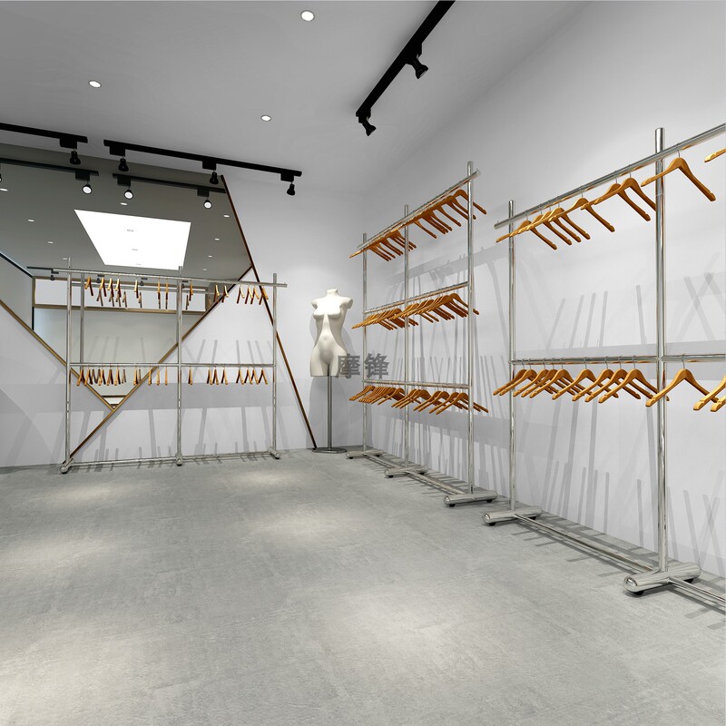 Clothing Store Display Rack Stainless Steel Brushed Silver Floor-Standing Double-Layer Adjustable Clothes Hanging Rod Women's Clothing Store Three-Tier Shelf