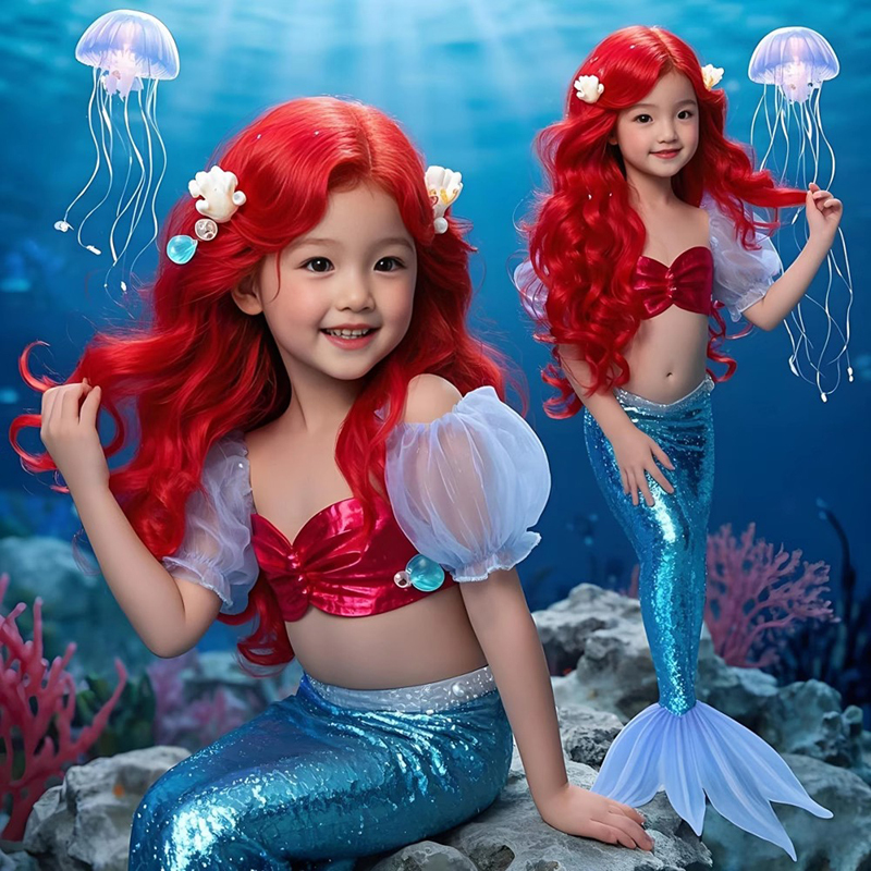 Children's Mermaid Wig for Girls, Long Curly Hair Props for Photoshoots, Performances, Photo Shoots, Comic Con, Princess Full Head Wig