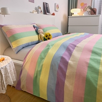 Cream striped plaid wash cotton four-piece bedding cotton cotton sheets quilt cover bed hats three sets