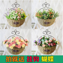 Balcony hanging flower basket pastoral straw wall hanging decorative rattan simulated dried flower set creative handmade flower pot