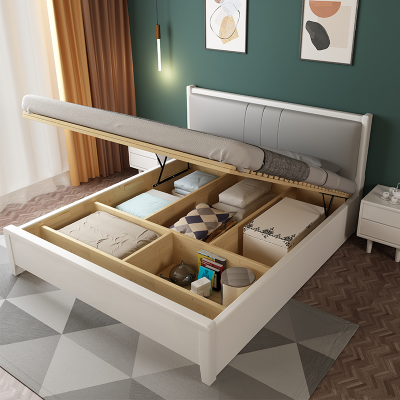 Nordic light luxury solid wood bed White 1 8 meters 1 5 air pressure high Box Storage Bed 1 35 modern simple single 1 2m