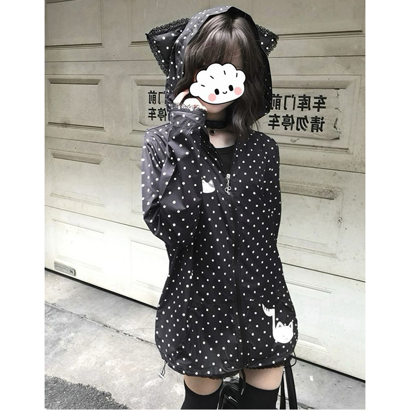 Polka-Dot Sun Protection Clothing Kitten Notes Cute House Cute Subculture Cat Ears Hooded Women's Sweet Breathable Loose Outwear for Women
