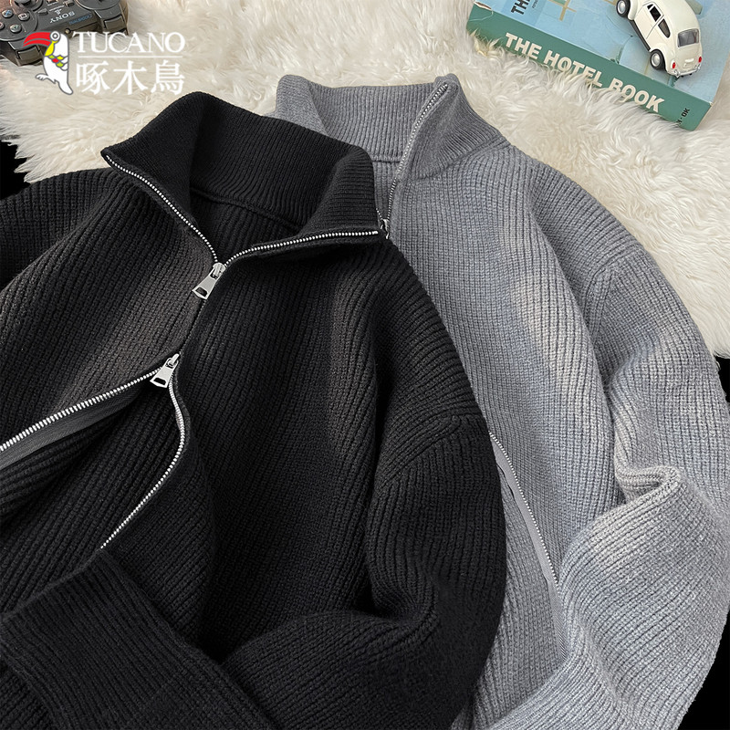 Woodpecker Ins American-Style Thick-Knit Sweater Jacket for Men, Double-Zip Cardigan, Autumn and Winter Stand-Collar Knitwear