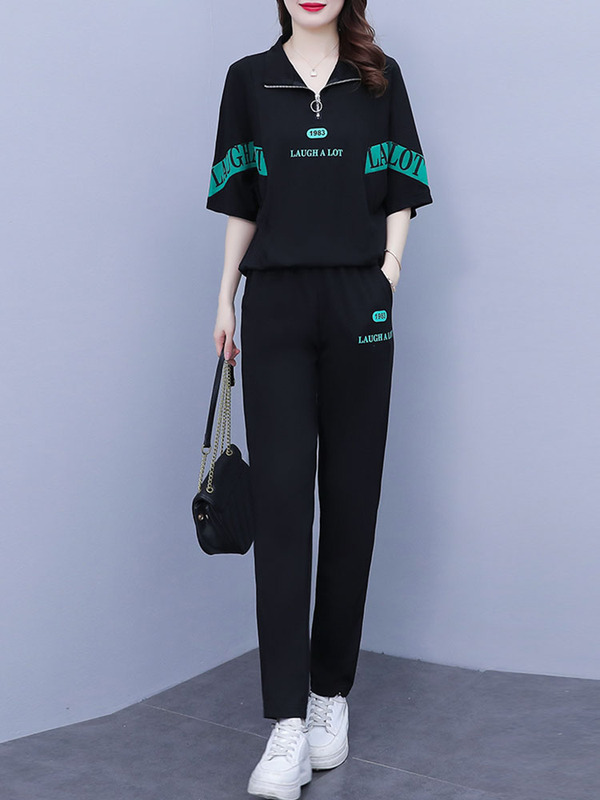 European Style Casual Sports Suit for Women, Trendy Brand, Fashionable for Petite Figures, Stylish and Trendy, Plus Size Short-Sleeve Long Pants Two-Piece Set