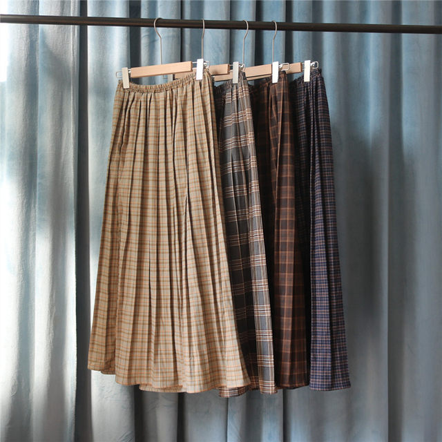 Mid-length sundress Japanese style plaid skirt pleated skirt for women