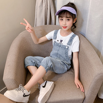 Girls spring suit 2021 new foreign style short sleeve childrens dress girl fashionable denim belt pants suspenders summer
