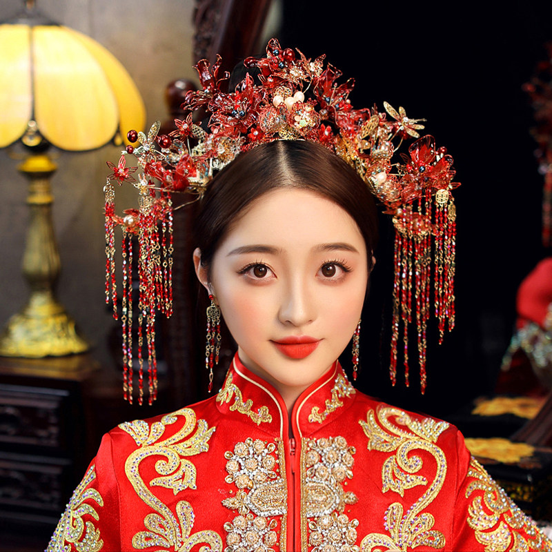 Chinese Ancient Fashion Show and Bride Red Headwear made of liquid floral hair accessories Hair Clip Wedding Classical accessories Wando