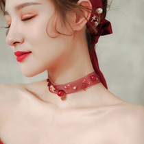 Japan and South Korea Bride Suit Zircon Necklace Red Neck Chain Wedding Dress Headdress Ear Accessories New Super Flash Ink