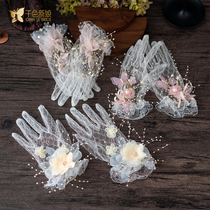 Bridal wedding short lace silk yarn flower mesh gloves Spring and summer wedding photo gloves accessories Miyao
