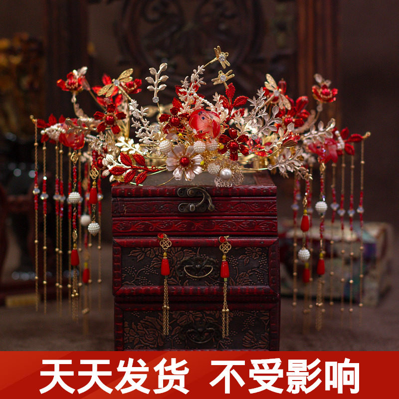 Palace Ancient Dress Accessories Suit Whole Ring Head Crown Retro Style Bridal Bride Wedding Red Glass Flowers to be decorated
