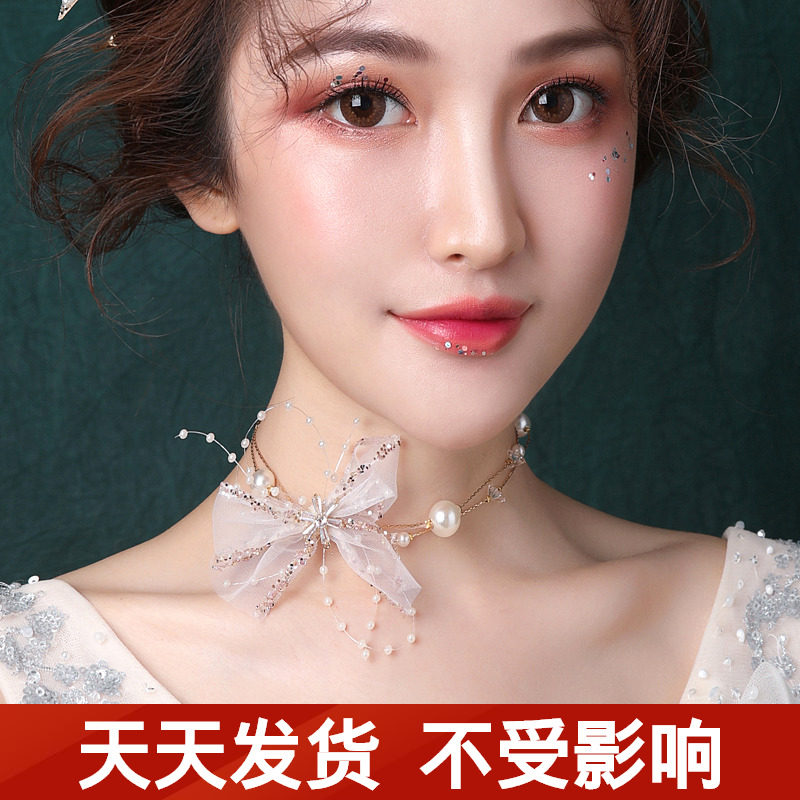 Bride Han Style Thin Yarn Butterfly Knot Necklace Necklace Lock Bone Chain Wedding Dress Ornament Dinner Wedding Everyday Accessories Mousse