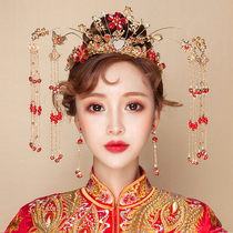 Bride Xiuhe headdress 2021 new female ancient costume Fengguan step shaky Xiuhe suit toast suit Chinese tassel elegant soft
