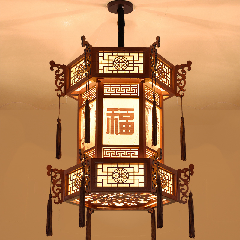 Chinese-Style Retro Solid Wood Palace Lantern, Antique Sheepskin Chandelier, Palace Villa, Ancestral Hall, Temple, Corridor, Pavilion, Hexagonal Lantern