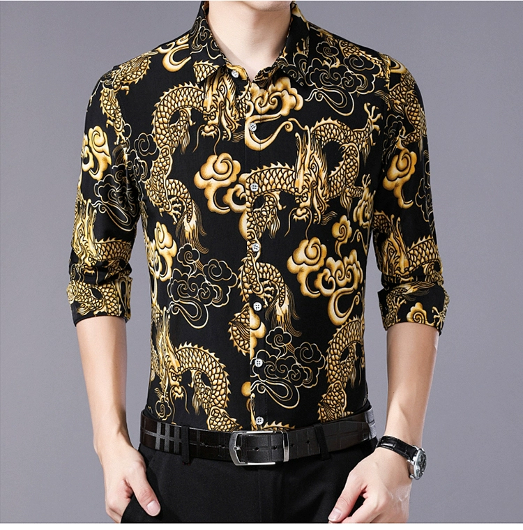 Chín-năm con sói mùa xuân và mùa thu áo sơ mi dài tay nam cotton không thấm nước áo sơ mi trung niên bố in cỡ lớn