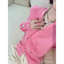 Pink Pearl Sweater Woman 2022 Early spring New design Sensation Small Crowd Temperament V Collar Bubble Long Sleeve Knit Cardigan