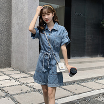 Denim jumpsuit women Summer Thin Thin 2020 new small one-piece clothes wide leg shorts tooling denim set