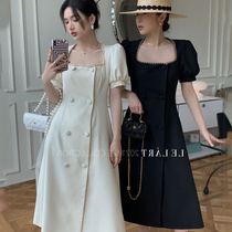 2022 new French long skirt high-quality temperament self-cultivation retro skirt square collar double-breasted waist waist dress summer