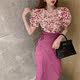 Summer new French retro square collar diamond-studded floral top with straps one-piece half-length hip skirt two-piece suit