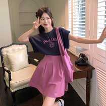 2022 summer new Korean style fashion letter printing short-sleeved T-shirt high waist pleated skirt bag bag age reduction three-piece set