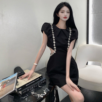 2021 New French Little Black Dress High-end Slim Retro Skirt Puff Sleeves Heavy Industry Diamond Dress