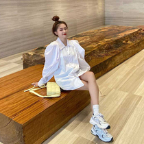 2020 new Hong Kong wind bubble sleeve shirt women loose long casual shirt summer long sleeve retro coat tide