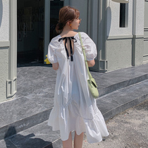 Short-sleeved dress womens summer Korean sweet temperament high waist doll skirt loose lace-up waist long skirt