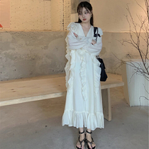 Gentle Wind White Liandress 2022 Spring new French style Small crowdsourced design Lotus Leaf Side with a knee skirt