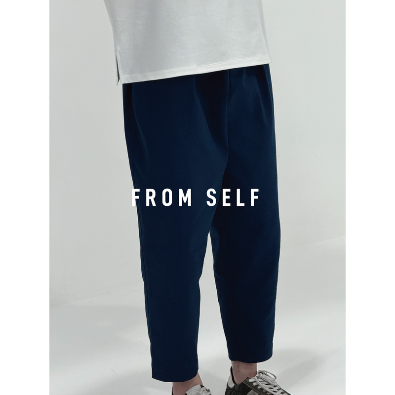 From Self |   Navy Blue Cotton Gabardine Loose Fit Drawstring Cropped Pants