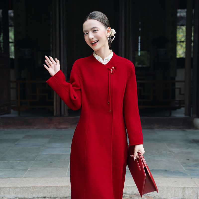High-End Red Double-Sided Woolen Coat 100% Sheep Wool 2026 Autumn and Winter Bridal Toast Dress Engagement Dress Young